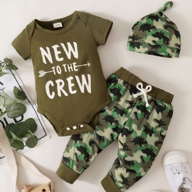 3 Stk Guttedrakter Høst & Vinter Barn Dinosaur Camo Kortermet Bodysuit & Buksesett Med Hatt