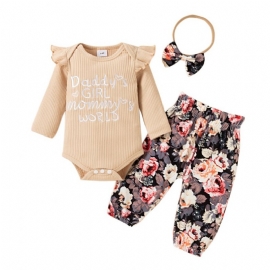 3 Stk Høst Og Vinter Jentebaby Brevtrykk Solid Rundhals Langermet Bodysuit Blomstertrykk Uformelle Bukser Og Sløyfe Pannebåndsett