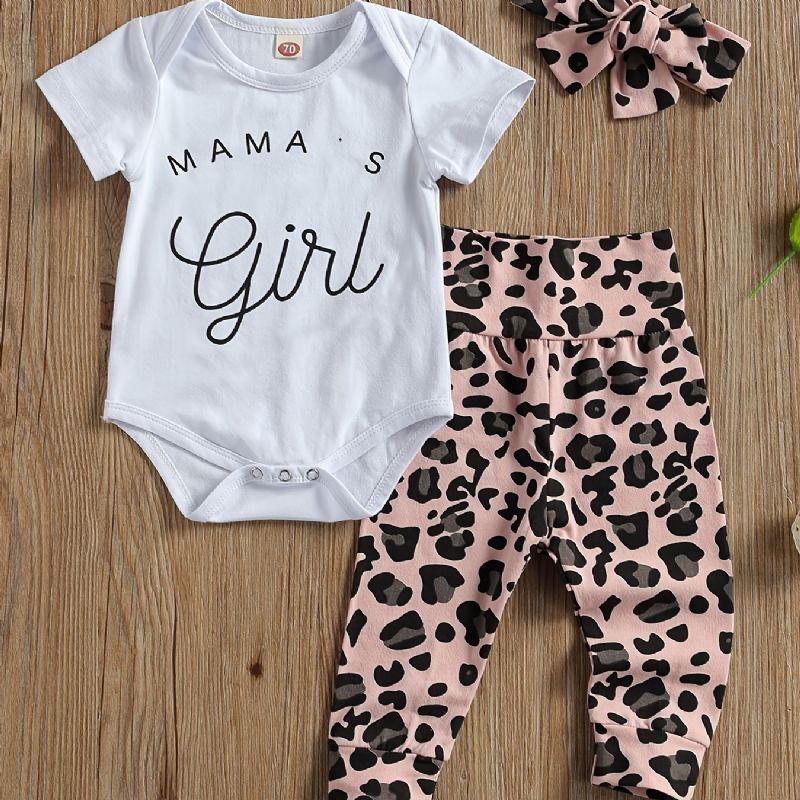 3 Stk Jente Kortermet Romper Mamas Jent Letter Graphic Bodysuit & Leopard Print Langbukser & Pannebåndsett