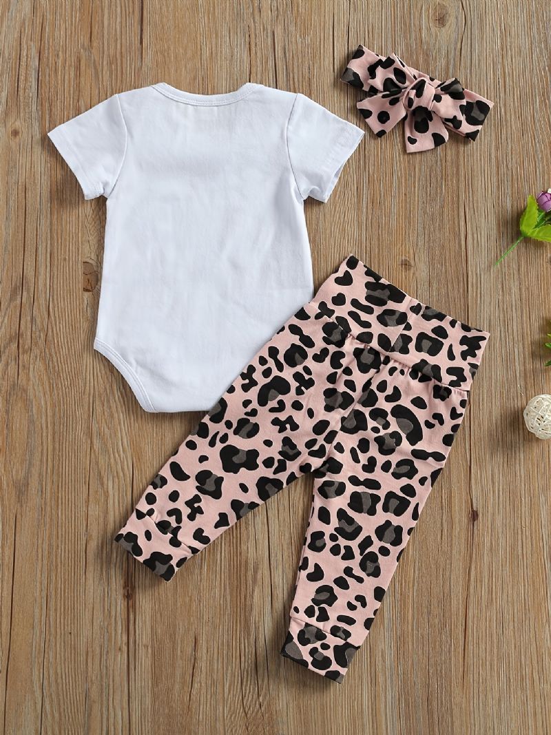 3 Stk Jente Kortermet Romper Mamas Jent Letter Graphic Bodysuit & Leopard Print Langbukser & Pannebåndsett