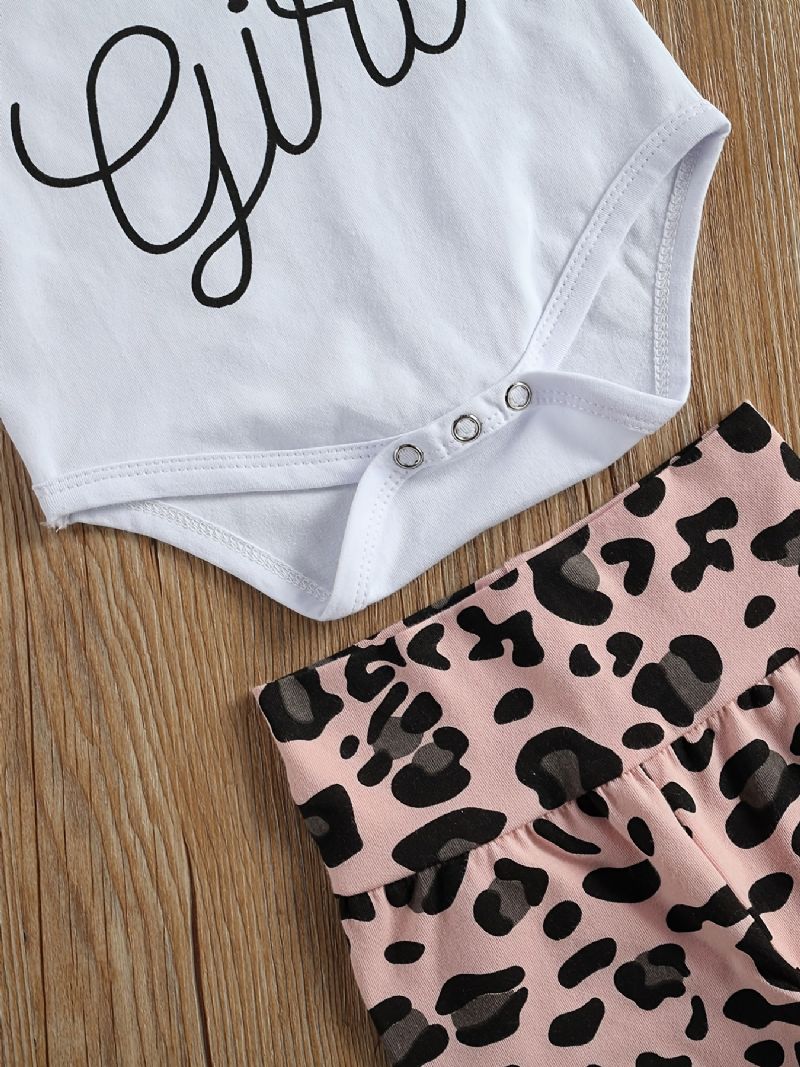 3 Stk Jente Kortermet Romper Mamas Jent Letter Graphic Bodysuit & Leopard Print Langbukser & Pannebåndsett