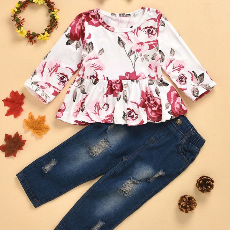 3 Stk Jente Rose Print Langermet Topp & Ripped Denim Pants Set