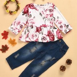 3 Stk Jente Rose Print Langermet Topp & Ripped Denim Pants Set