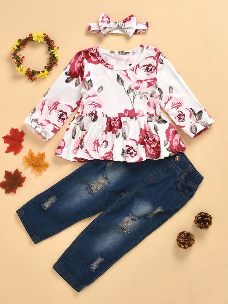 3 Stk Jente Rose Print Langermet Topp & Ripped Denim Pants Set