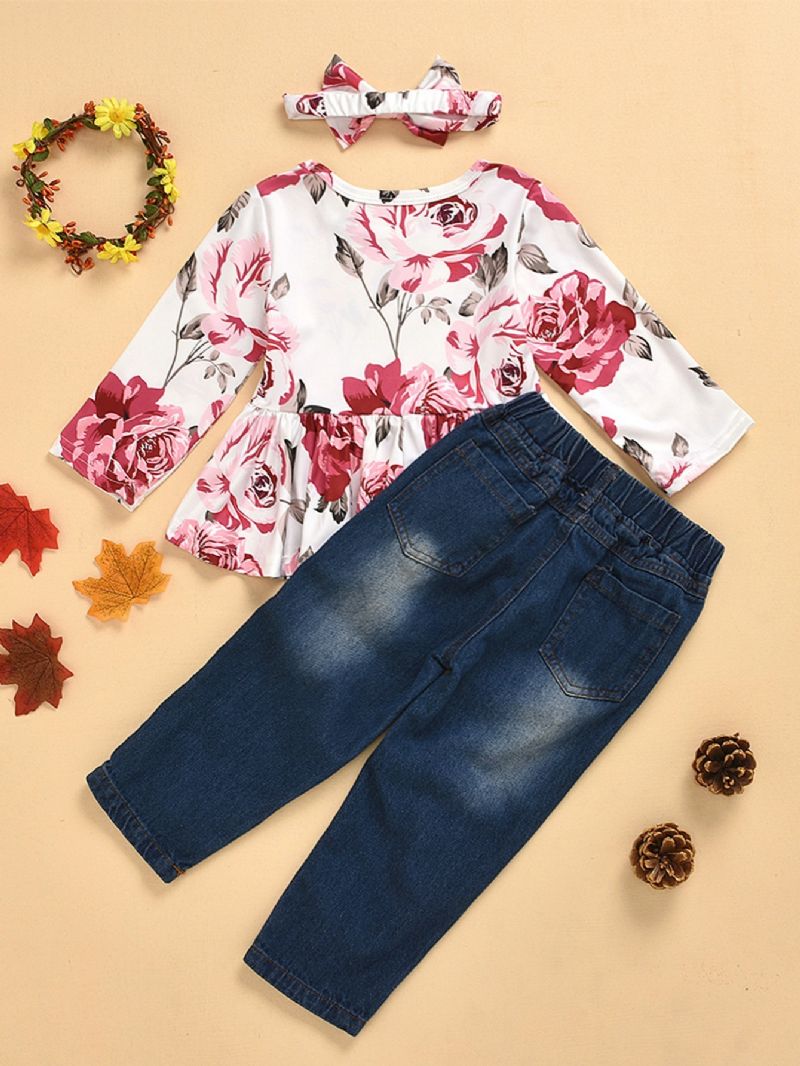 3 Stk Jente Rose Print Langermet Topp & Ripped Denim Pants Set