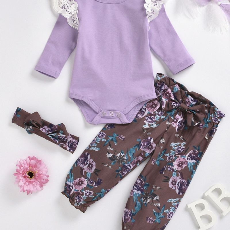 3 Stk Jentebaby Blonder Romper Blomsterprint Lilla Dress