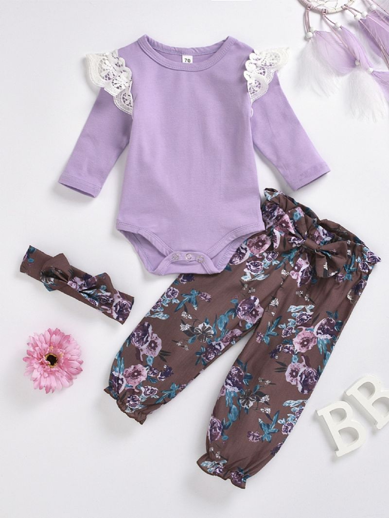 3 Stk Jentebaby Blonder Romper Blomsterprint Lilla Dress