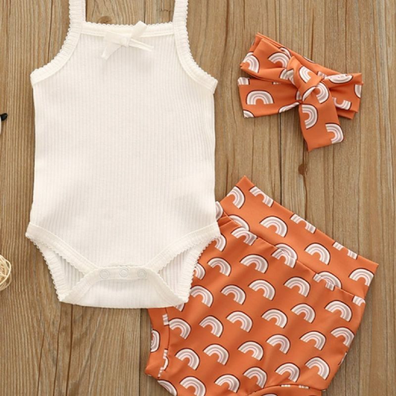 3 Stk Jentebaby Suspenders Jumpsuit & Short Med Sløyfe Pannebåndsett