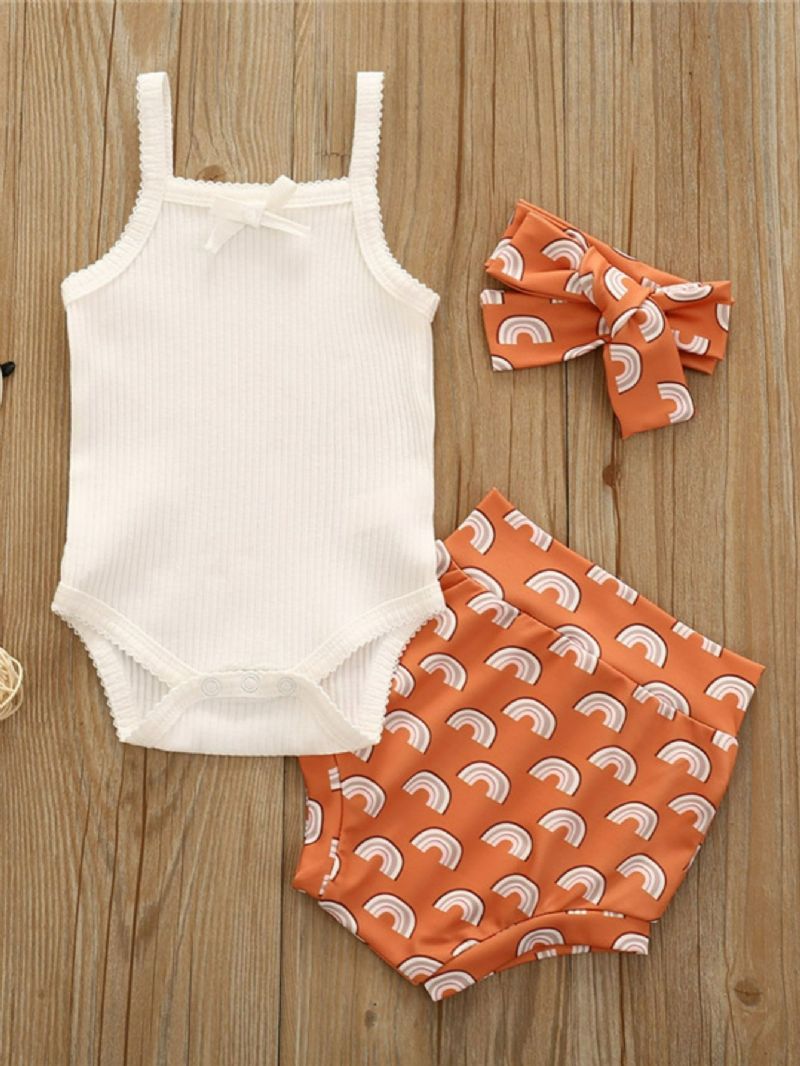 3 Stk Jentebaby Suspenders Jumpsuit & Short Med Sløyfe Pannebåndsett