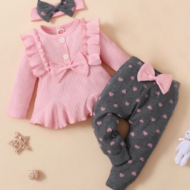 3 Stk Jentebaby Sweet Ruffle Genser Leggings & Sløyfe Pannebåndsett