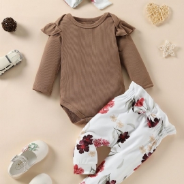 3 Stk Jenter Blomstertrykk Ruffle Langermet Onesie-sett Med Pannebånd