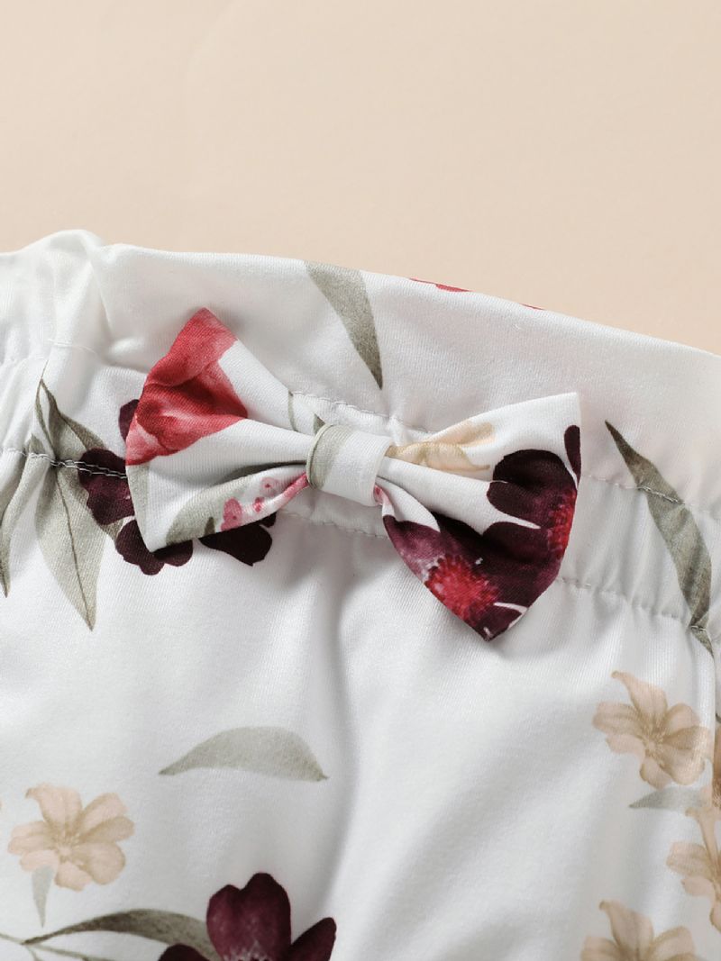 3 Stk Jenter Blomstertrykk Ruffle Langermet Onesie-sett Med Pannebånd