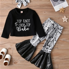 3 Stk Jenter Top Knot & Crop Top Babe Print Crew Neck Langermet + Utsvingede Bukser + Sløyfe Pannebåndsett