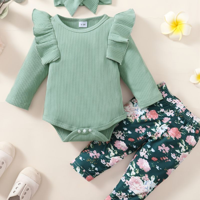 3 Stk Jentesett Solid Langermet Onesie-rompers Blomsterprint Buksesett Med Sløyfe Pannebånd