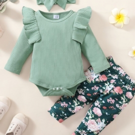 3 Stk Jentesett Solid Langermet Onesie-rompers Blomsterprint Buksesett Med Sløyfe Pannebånd