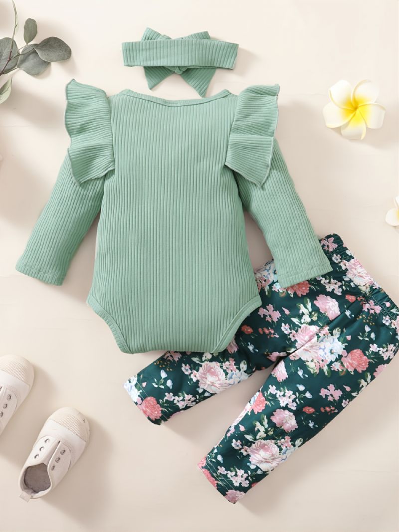 3 Stk Jentesett Solid Langermet Onesie-rompers Blomsterprint Buksesett Med Sløyfe Pannebånd