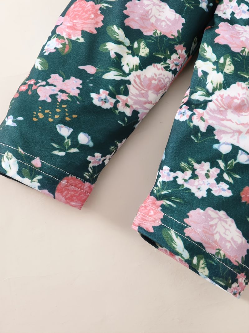 3 Stk Jentesett Solid Langermet Onesie-rompers Blomsterprint Buksesett Med Sløyfe Pannebånd