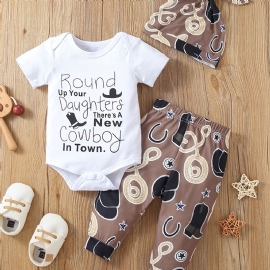 3 Stk Newborn Baby Gutter Cowgutter Print Romper Sett Med Søt Casual Crew Neck Kortermet & Bukser & Hat Til Vinter