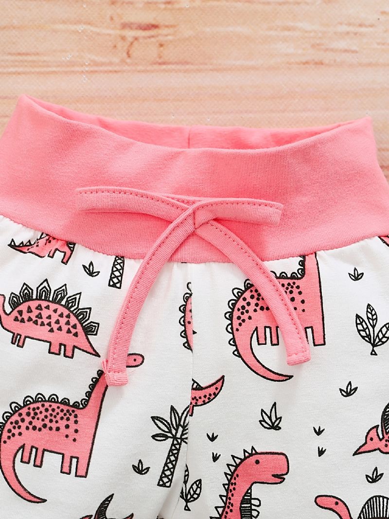 3 Stk Newborn Baby Letter Langermet Romper & Dinosaur Print Bukser & Pannebåndsett For Jenter