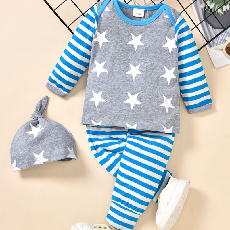 3 Stk Småbarn Baby Stripe Print Langermet & Bukser & Hat Sett For Gutter