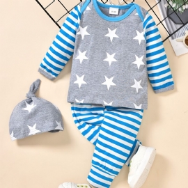 3 Stk Småbarn Baby Stripe Print Langermet & Bukser & Hat Sett For Gutter