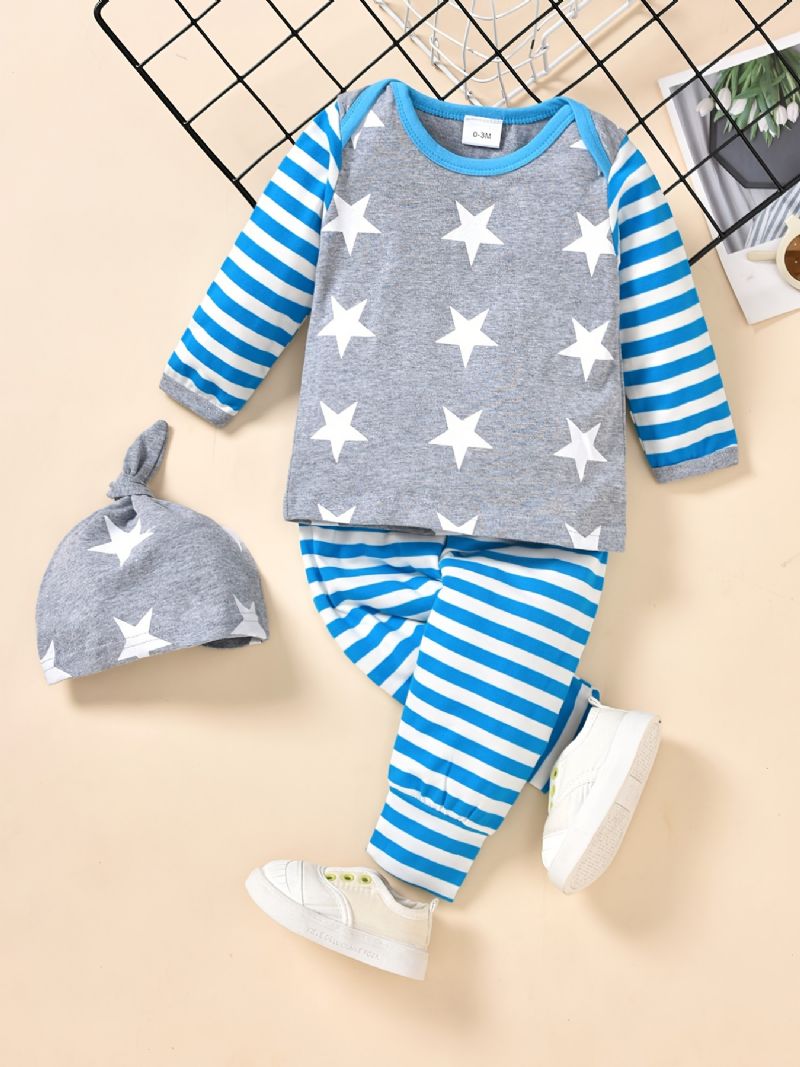 3 Stk Småbarn Baby Stripe Print Langermet & Bukser & Hat Sett For Gutter