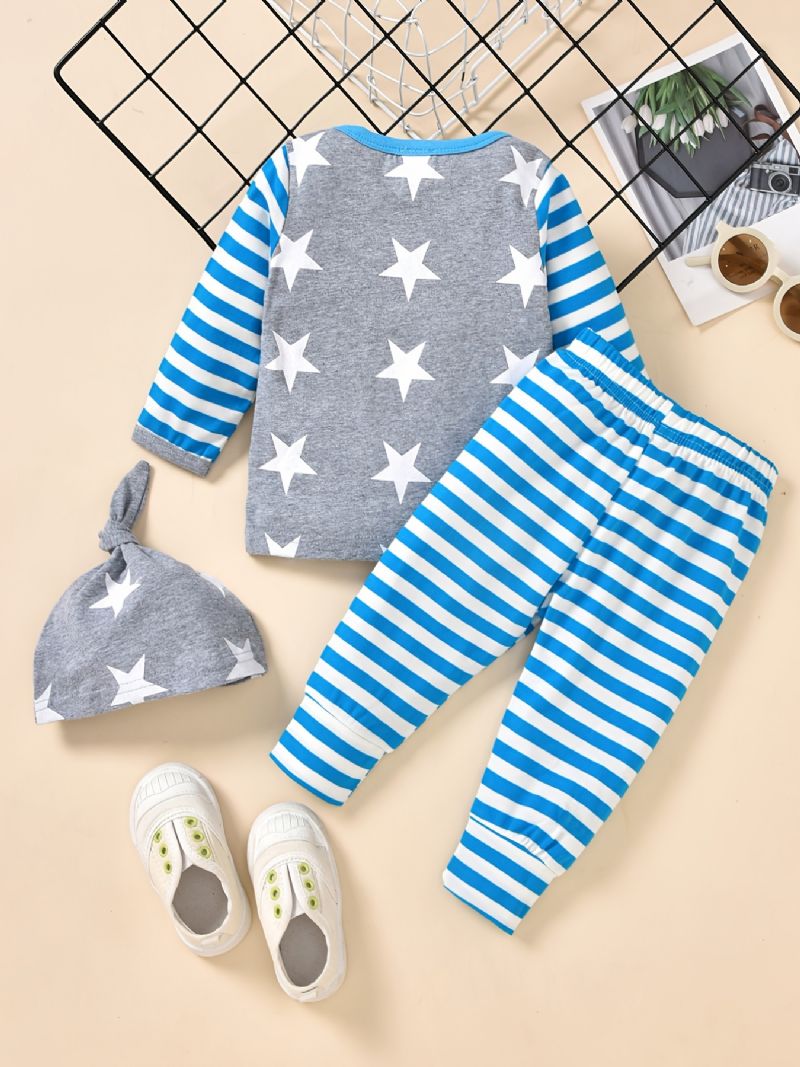 3 Stk Småbarn Baby Stripe Print Langermet & Bukser & Hat Sett For Gutter