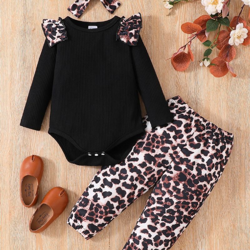 3 Stk Småbarn Jenter Leopard Print Erme Rund Hals Bodysuit & Bukser Sett