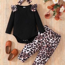3 Stk Småbarn Jenter Leopard Print Erme Rund Hals Bodysuit & Bukser Sett