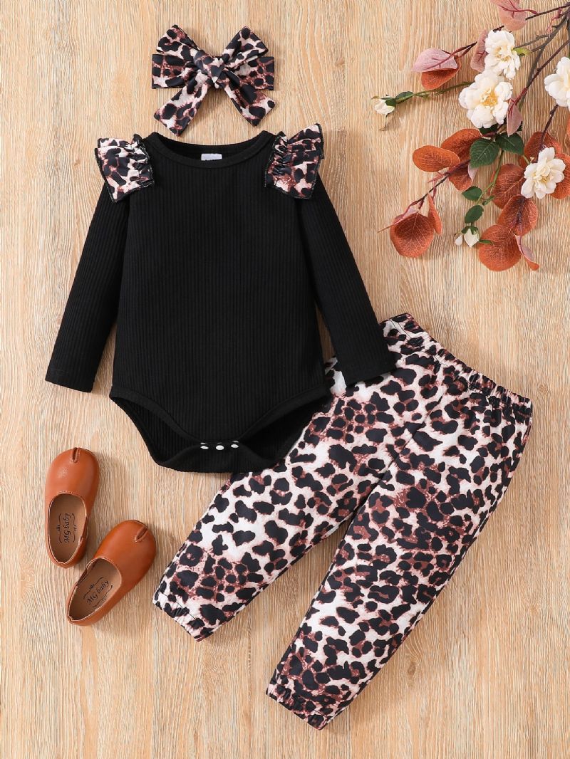 3 Stk Småbarn Jenter Leopard Print Erme Rund Hals Bodysuit & Bukser Sett