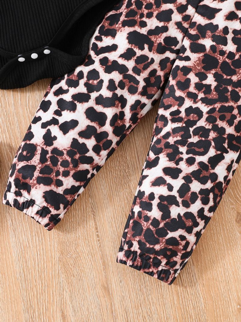 3 Stk Småbarn Jenter Leopard Print Erme Rund Hals Bodysuit & Bukser Sett