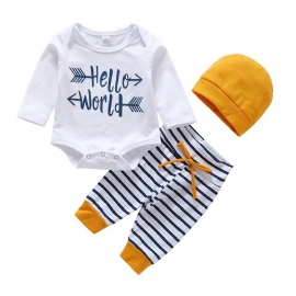 3stk Baby Gutter Hello World Letter Print Onesie Topp Stripete Bukser Med Hat Sett Klær