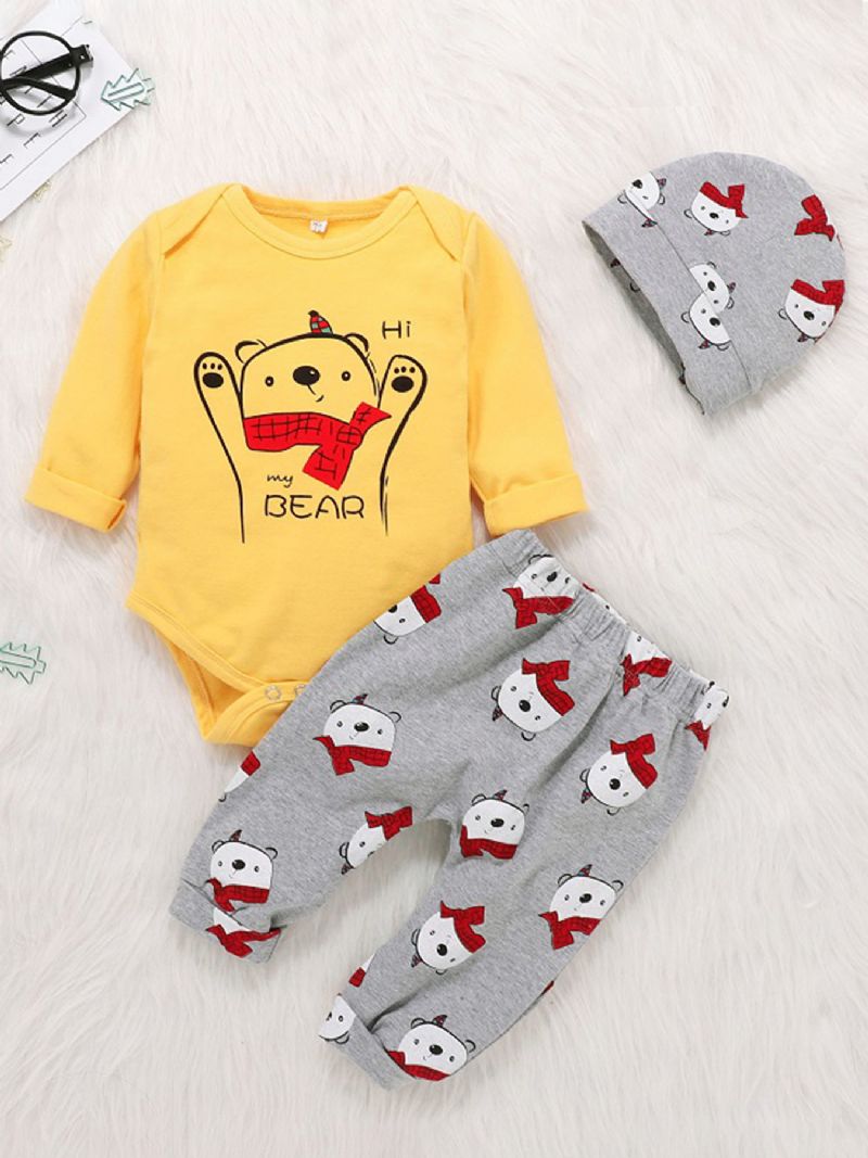 3stk Baby Gutter Lion Bear Mønster Langermet Romper & Bukser Med Hat