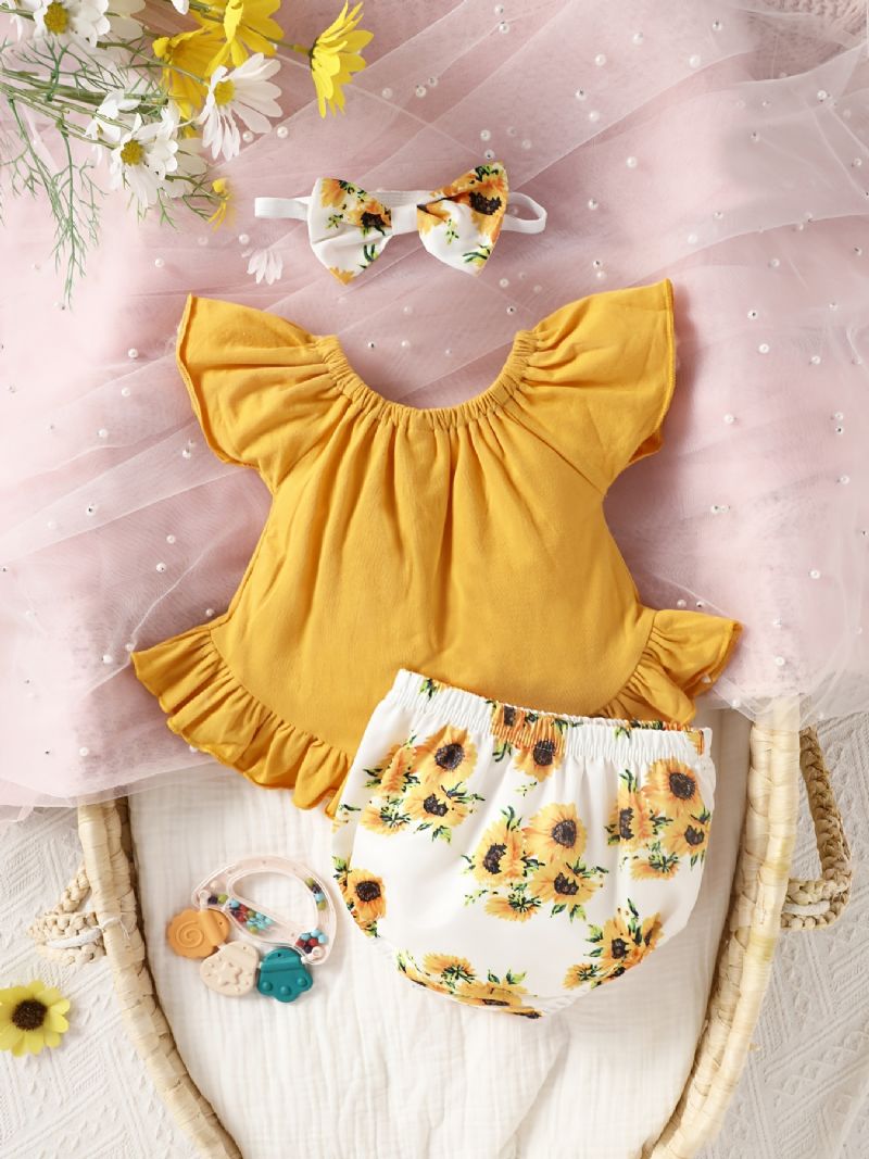 3stk Baby Jenter Søte Ruffled Tops & Solsikke Print Shorts & Sløyfe Hårbånd For Party