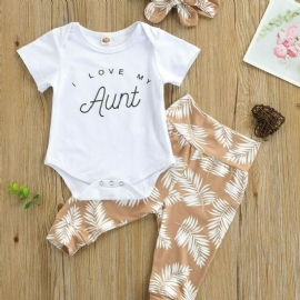 3stk Baby Letter Print Romper & Botanical Bukser Sett Med Pannebånd