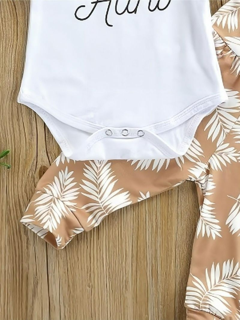 3stk Baby Letter Print Romper & Botanical Bukser Sett Med Pannebånd