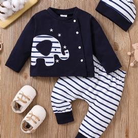 3stk Spedbarn Småbarn Langermet Elefant Brodert Pullover Topp & Stripete Bukser & Hattesett For Baby Jenter Gutter Barneklær