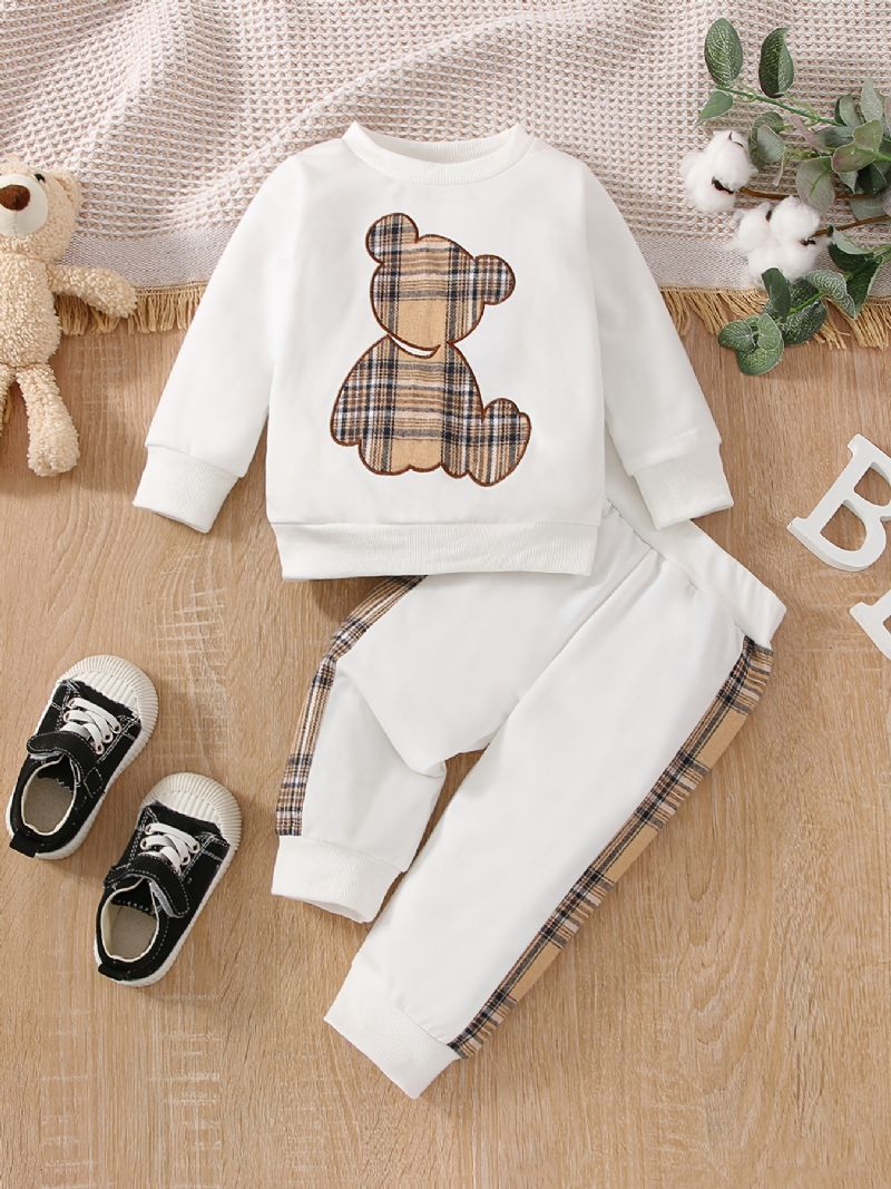 Baby Bear Print Langermet Genser Patchwork Rutete Buksesett Høst Vinter