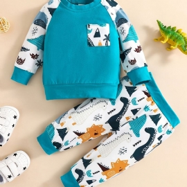 Baby Gutter Animal Tegneserie Print Langermet Rundhals Sweatshirt & Buksesett