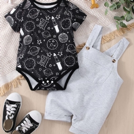 Baby Gutter Casual Planet Space Print Romper & Solid Bib Shorts Set