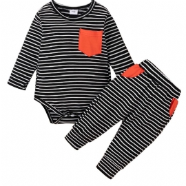 Baby Gutter Casual Strippet Romper & Bukser Med Røde Lommer Sett