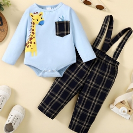 Baby Gutter Deer Print Bodysuit Onesie & Ruttet Suspender Pants Set