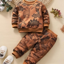 Baby Gutter Dinosaur Print Sweatshirt + Matchende Joggebuksesett Babyklær