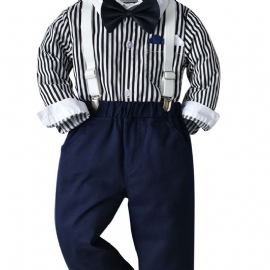 Baby Gutter Gentleman Antrekk Formell Dress Langermet Stripete Rutete Skjorte Bærebukser Sløyfe Overalls Klær Sett
