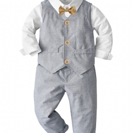 Baby Gutter Gentleman Outfit Langermet Bowtie Skjorte Romper & Vester Og Bukser Sett Barneklær