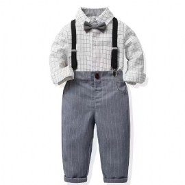 Baby Gutter Gentleman Outfit Langermet Rutete Skjorte & Suspendelbukser Med Sløyfesett