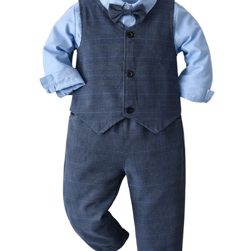 Baby Gutter Herre Antrekk Langermet Bowtie Skjorte Og Vest Og Buksesett Barneklær