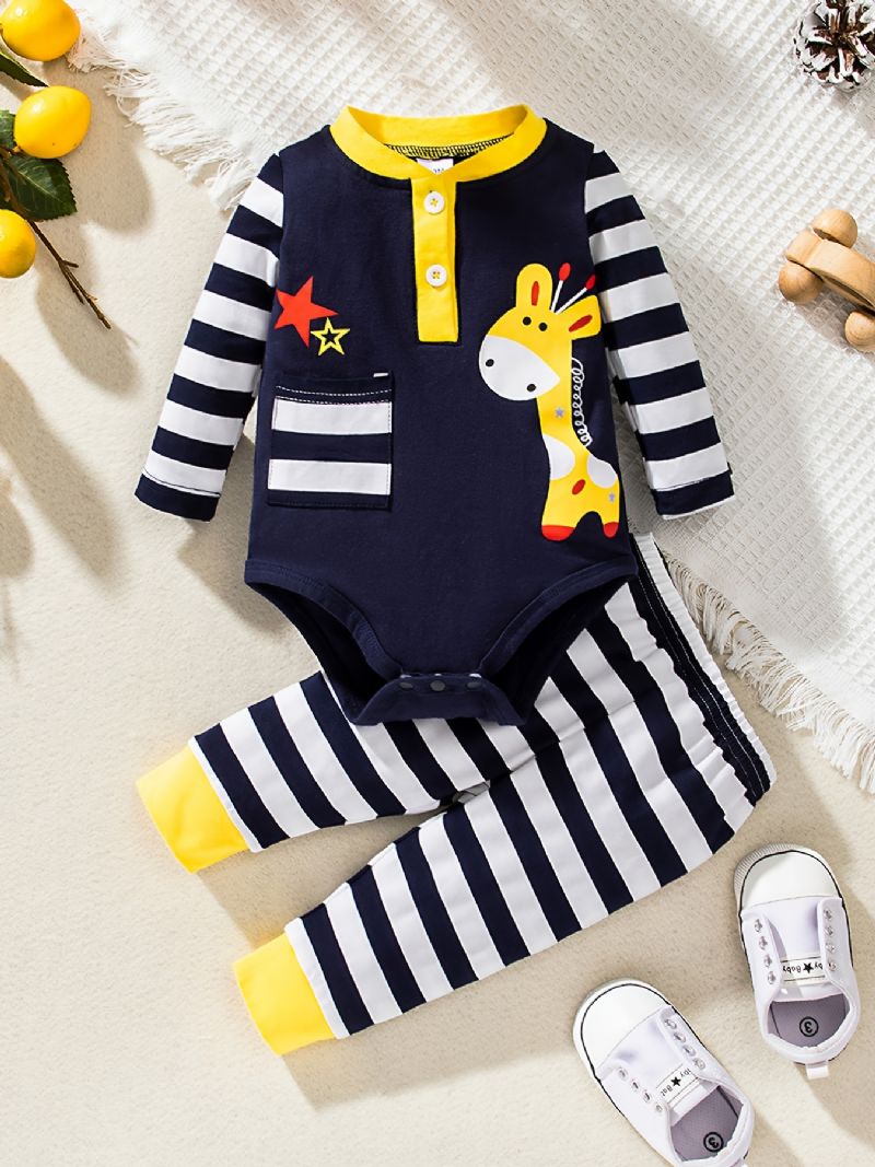 Baby Gutter Jenter Langermet Hjortemønster Romper + Stripete Buksesett Nyfødt Spedbarn Babyklær Layette Sett