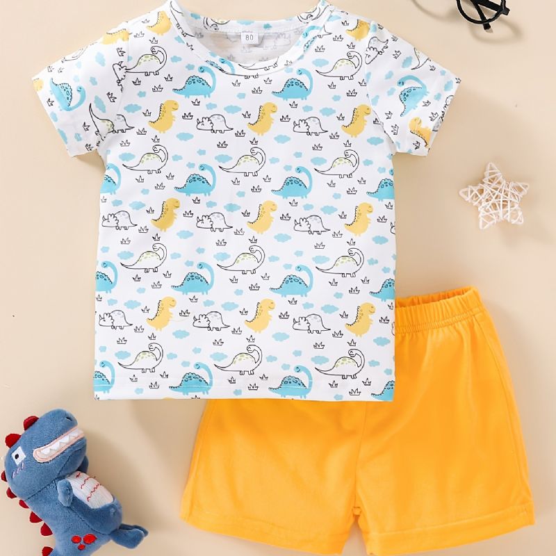 Baby Gutter Jenter Søt Tegneserie Mini Dinosaur Print T-skjorte Og Solid Shorts Sett