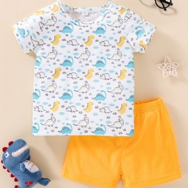 Baby Gutter Jenter Søt Tegneserie Mini Dinosaur Print T-skjorte Og Solid Shorts Sett